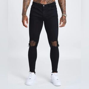 LEGEND Men’s Black Denim Shredded Frayed Knee Jeans